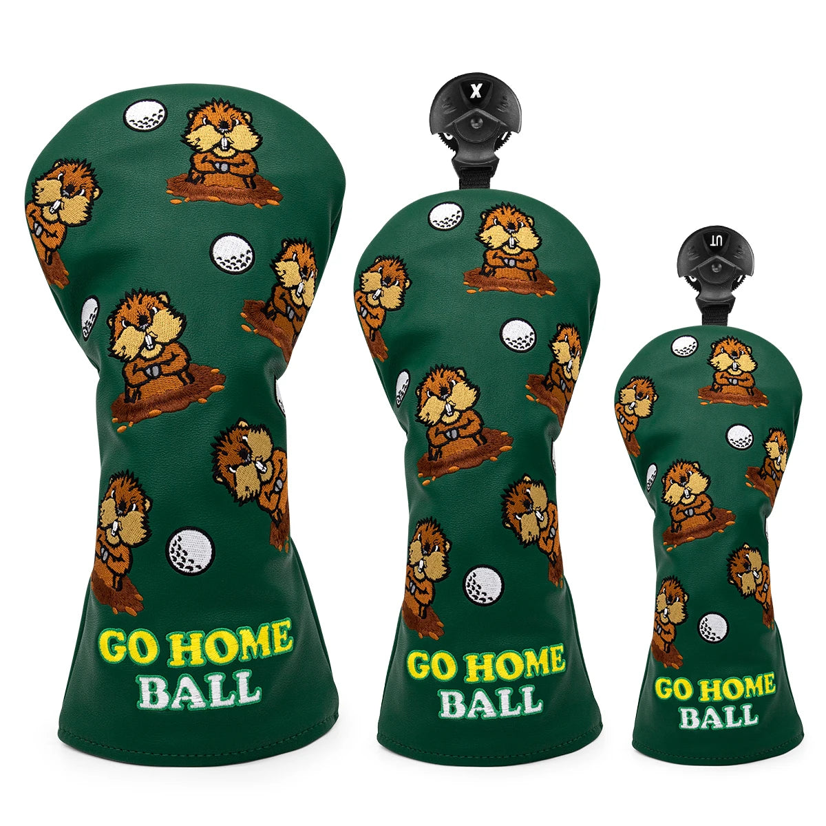 golf club gopher headcovers for driver, 3 wood, and hybrid