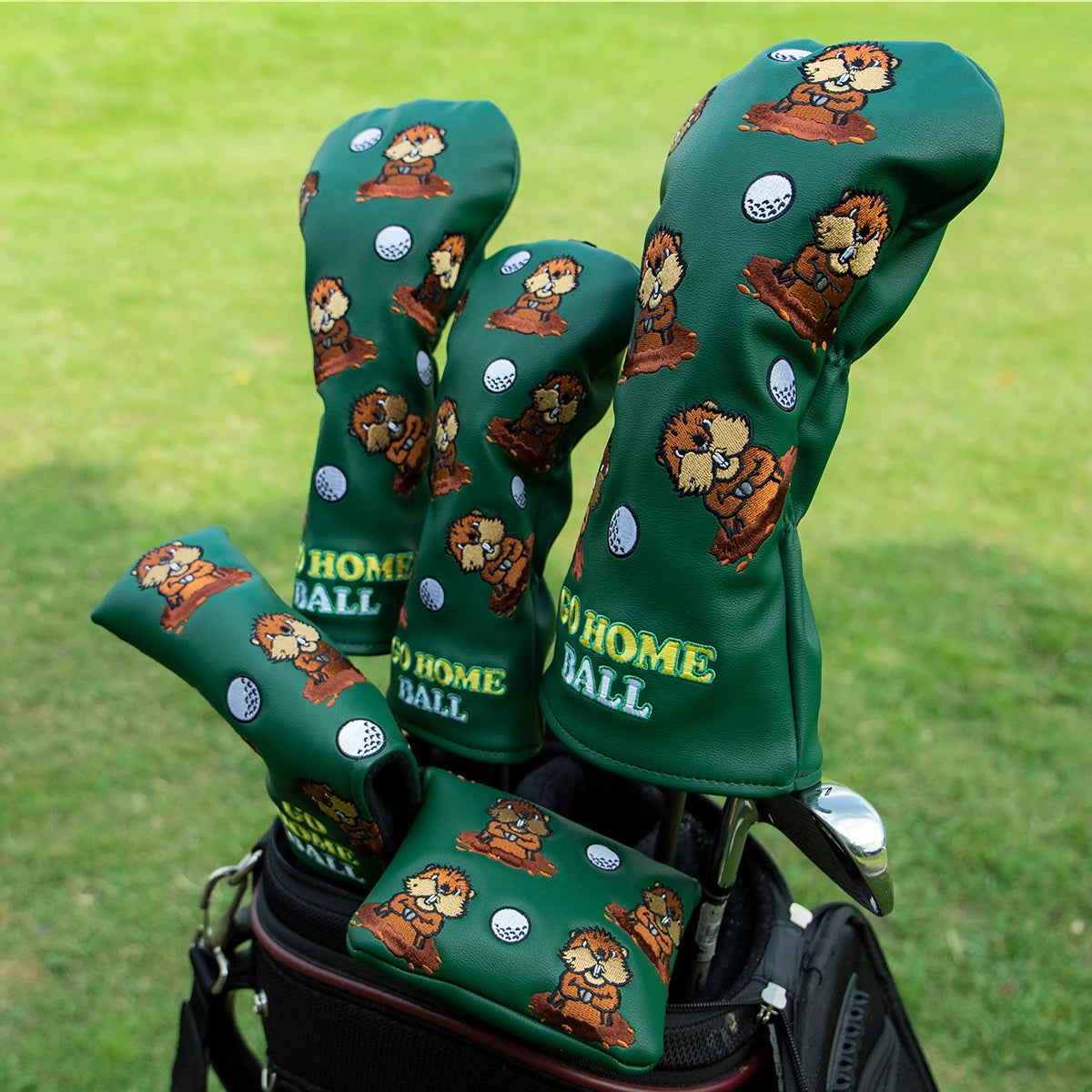 golf club gopher headcovers for driver, 3 wood, hybrid, blade putter, and mallet putter